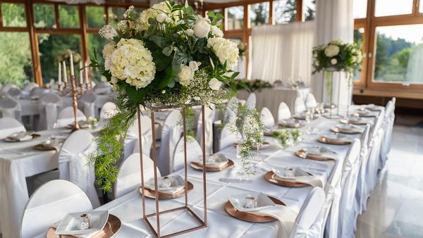 Festlich gedeckte Tafeln im Eventhaus Wiedenfelsen – exklusive Hochzeitslocation in Bühlertal für euer Hochzeitswochenende