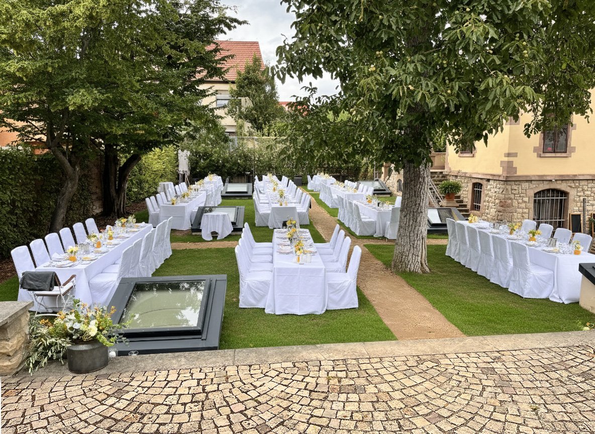Lange Hochzeitstafeln unter Bäumen im weitläufigen Garten der Hochzeitslocation in Westhofen.