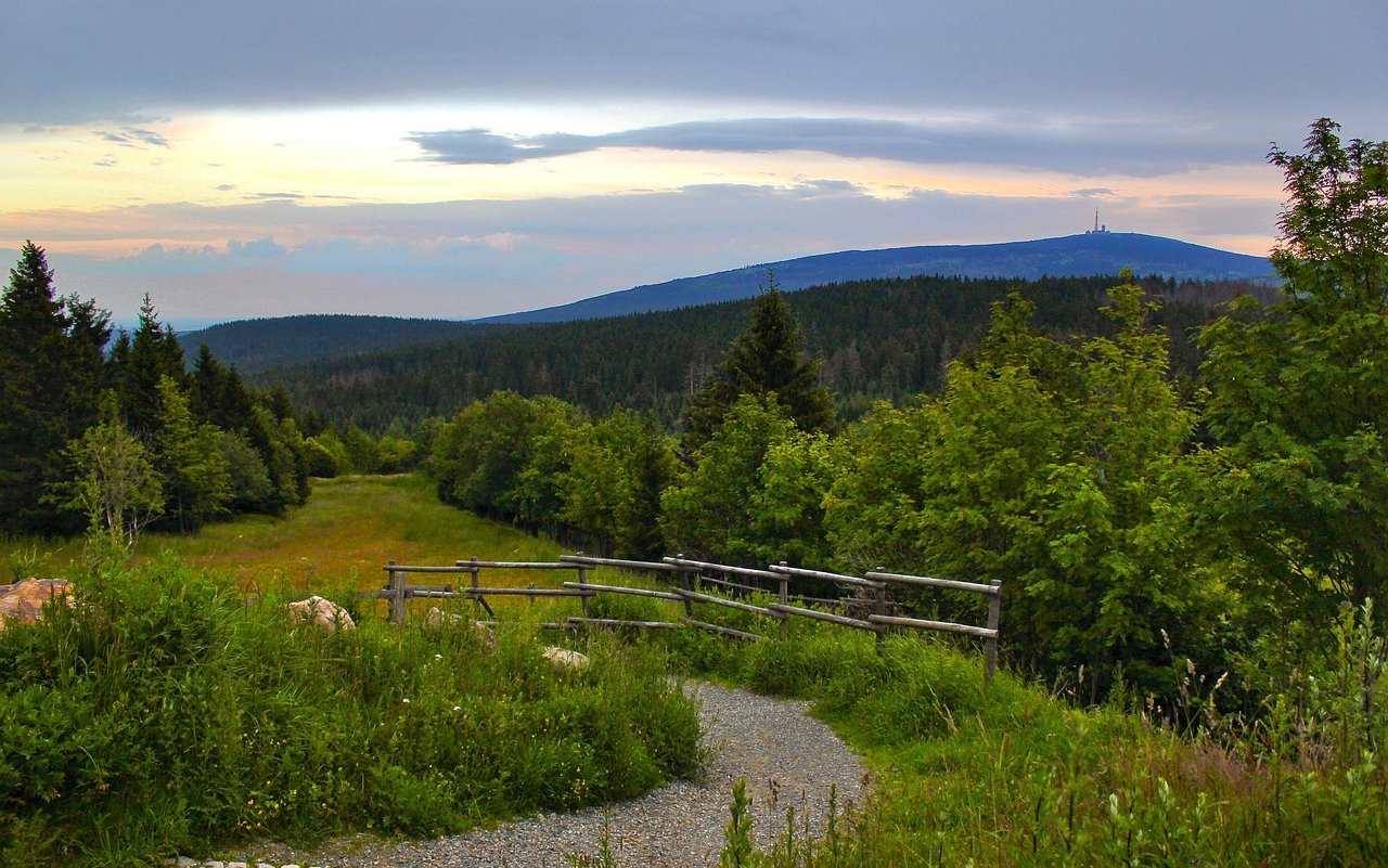 Wanderweg im Harz mit Blick auf den Brocken bei Sonnenuntergang