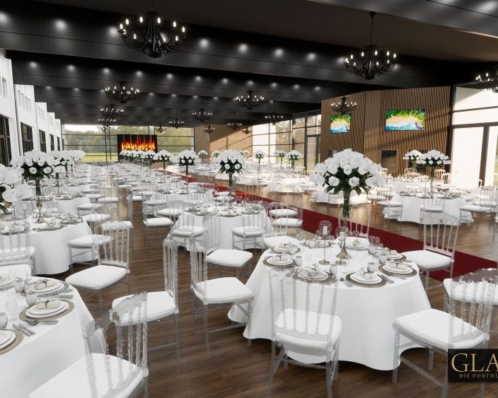 Modernes Glashaus Dortmund mit festlich gedeckten Tischen und Panoramafenstern als Hochzeitslocation in NRW