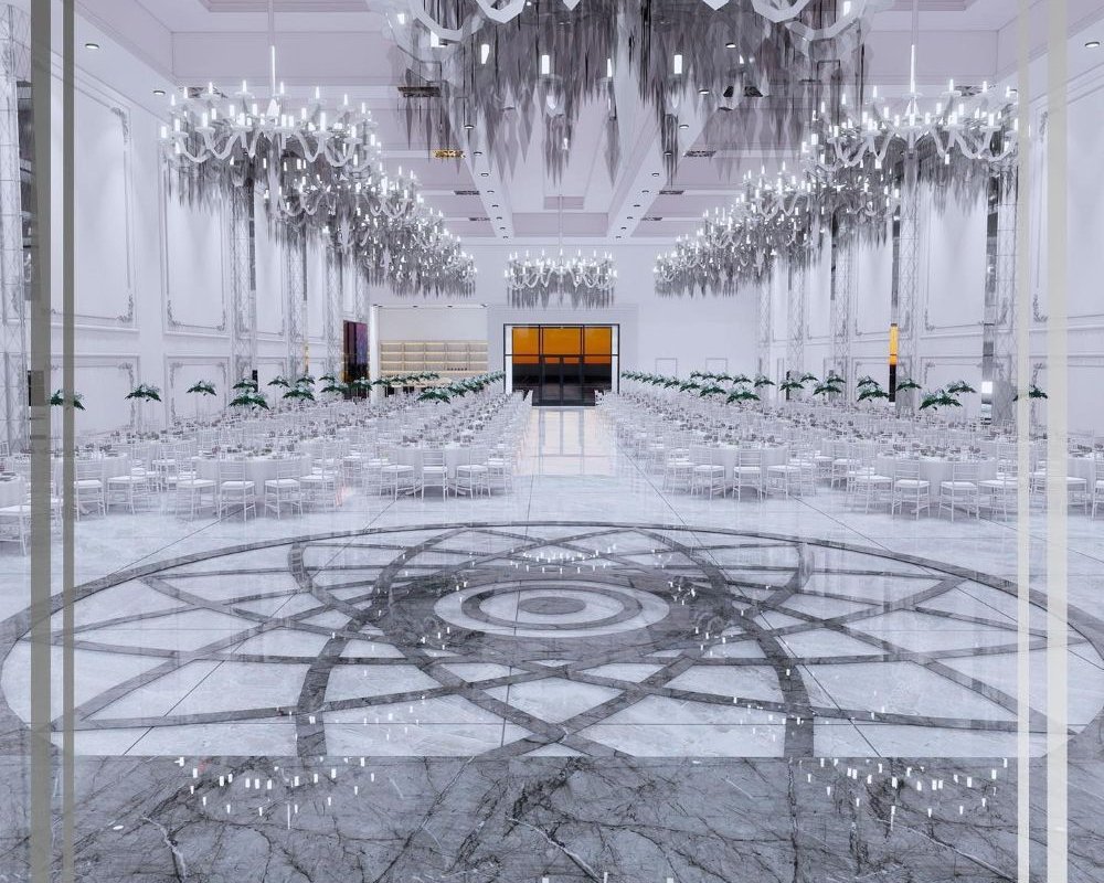Eleganter Hochzeitssaal im Violin Ballroom Dortmund mit Marmorboden und Kronleuchtern