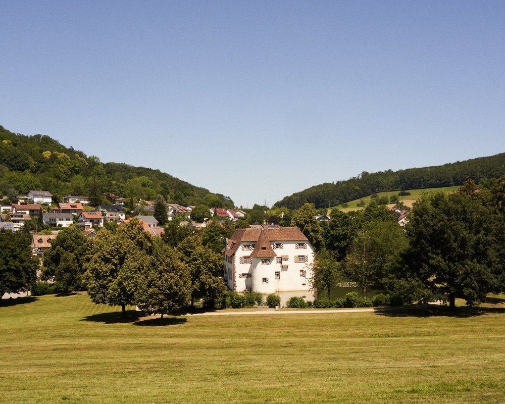 Außenaufnahme des Wasserschloss Inzlingen umgeben von grünen Wiesen