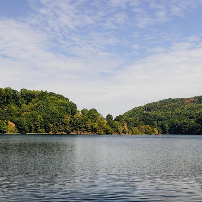 Der ruhig gelegene Rursee umgeben von bewaldeten Hügeln in der Eifel