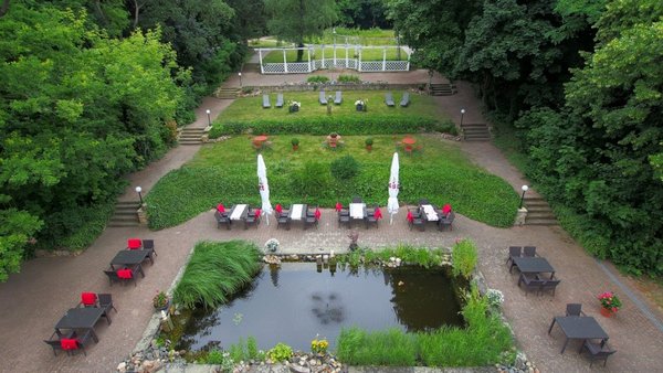 Luftansicht der Parkanlage der Hochzeitslocation Schloßvilla Derenburg