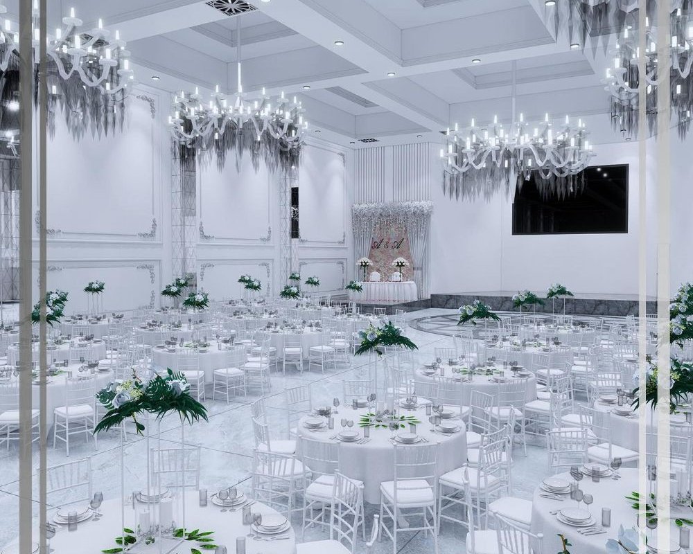 Festlich gedeckter Hochzeitssaal im Violin Ballroom Dortmund mit Kronleuchtern und floraler Dekoration